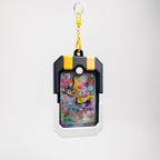 A Pokémon-themed card holder keychain featuring a colorful Lavender and Misty character card inside a black and yellow protective frame, suspended from a yellow keychain ring on a light gray background.