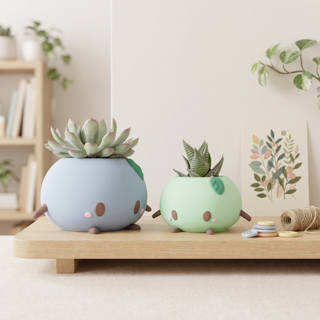 Handmade Stardew Valley Junimo succulent planter pots in pastel blue and green on a wooden shelf in a bright room.